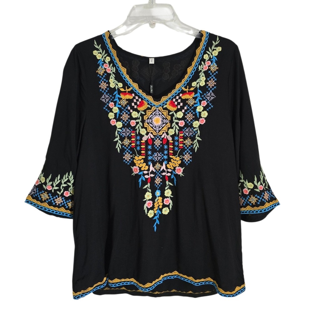 Laura Klein Women's Black Embroidered Floral Boho Tunic Top Cotton Small‎ NEW